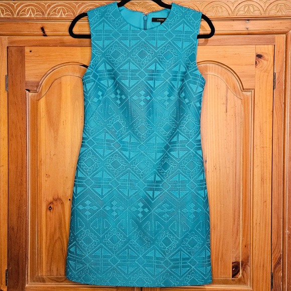 Cynthia Steffe Teal Geometric Sheath Dress With‎ Embroidered Overlay Size 2 - Picture 1 of 9